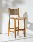 Wooden bar stool with woven seat and backrest