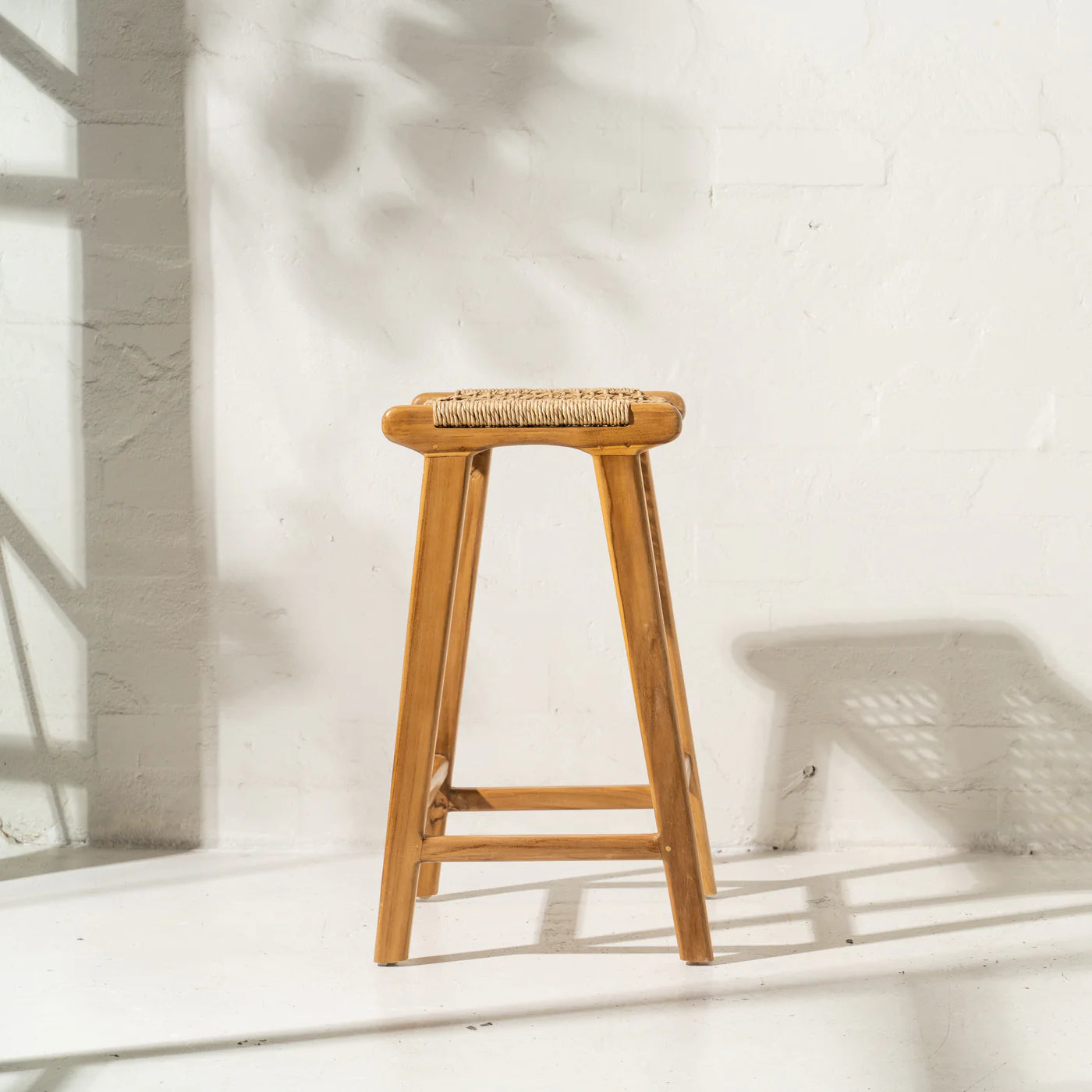 Teak wood and woven rope kitchen stool