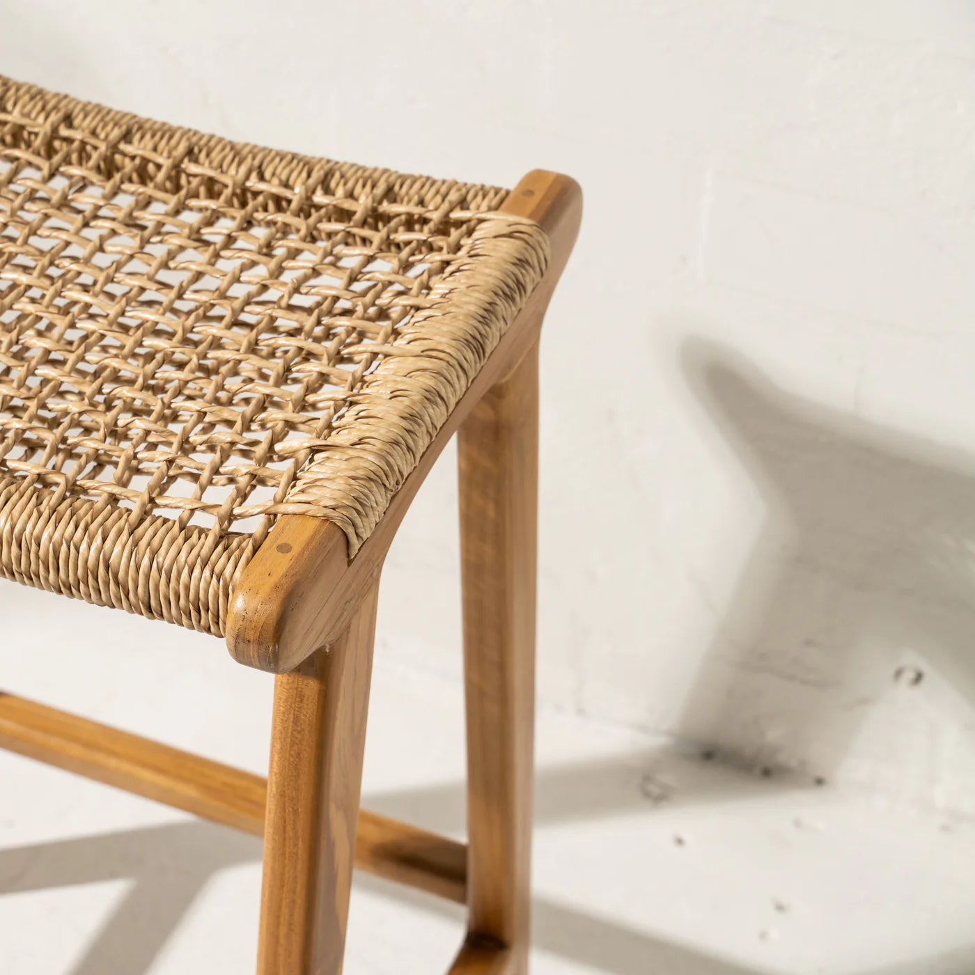 Woven backless teak counter barstool 