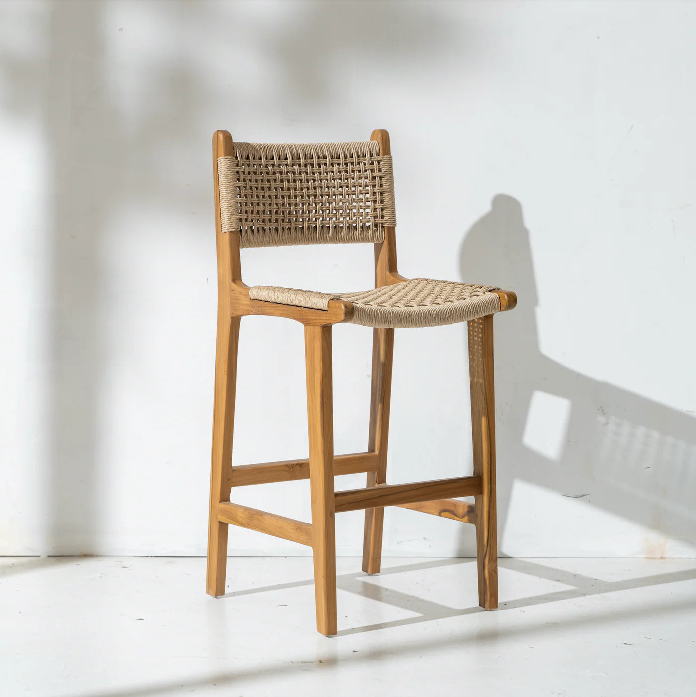 Wooden bar stool with woven seat and backrest 